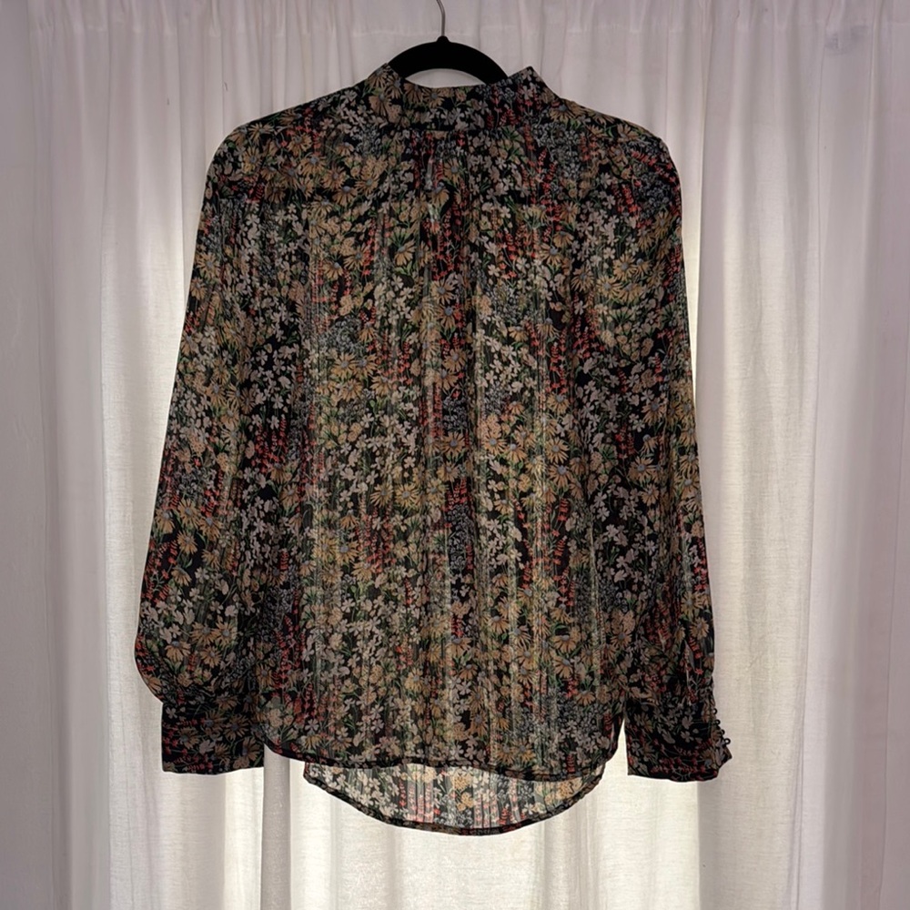 H&M Brown and Green Graphic Blouse with Peter Pan Collar